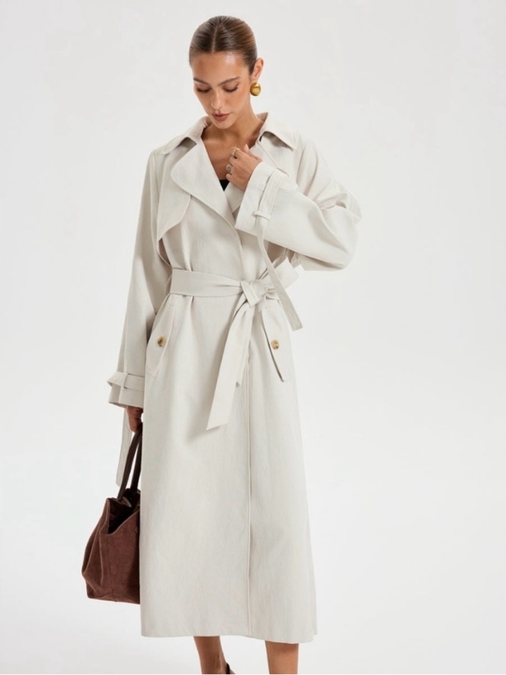 Commense Cream Pleated-Back Trench Coat with Self-Tie Belt - Picture 4 of 5